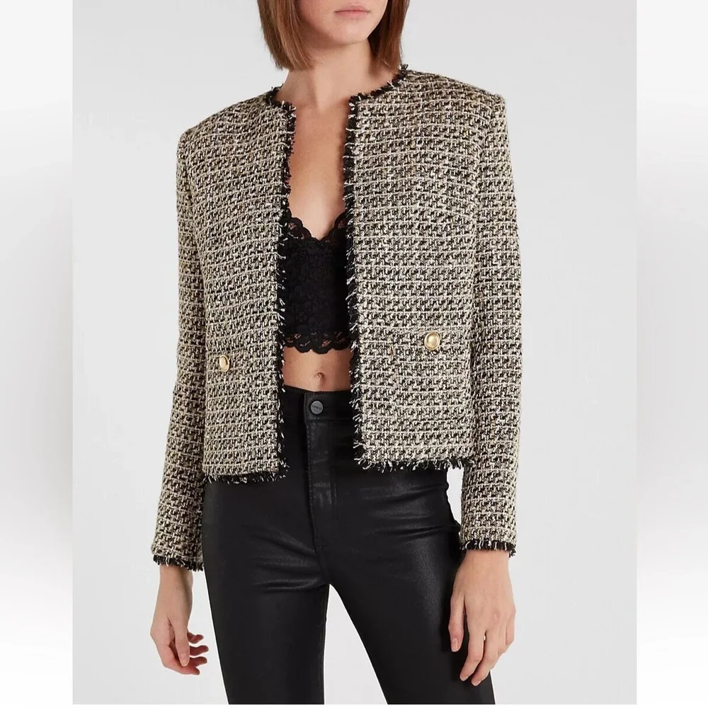 NWT Express Gold Metallic Chic Tweed Jacket - Size XL